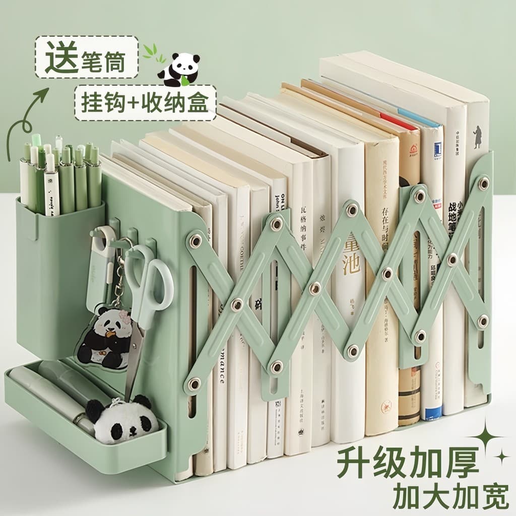 Estante de mesa retrátil estante de armazenamento de livros com suporte para caneta clipe de livro suporte fixo para liv