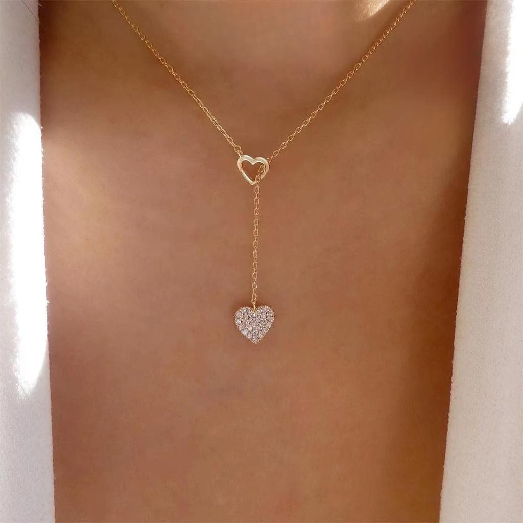 Colar Feminino em forma de Y Coração Cravejado Design Moderno