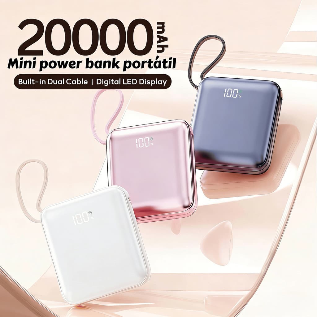 Mini power bank portátil 20.000 mAh com IOS e cabo Tipo C