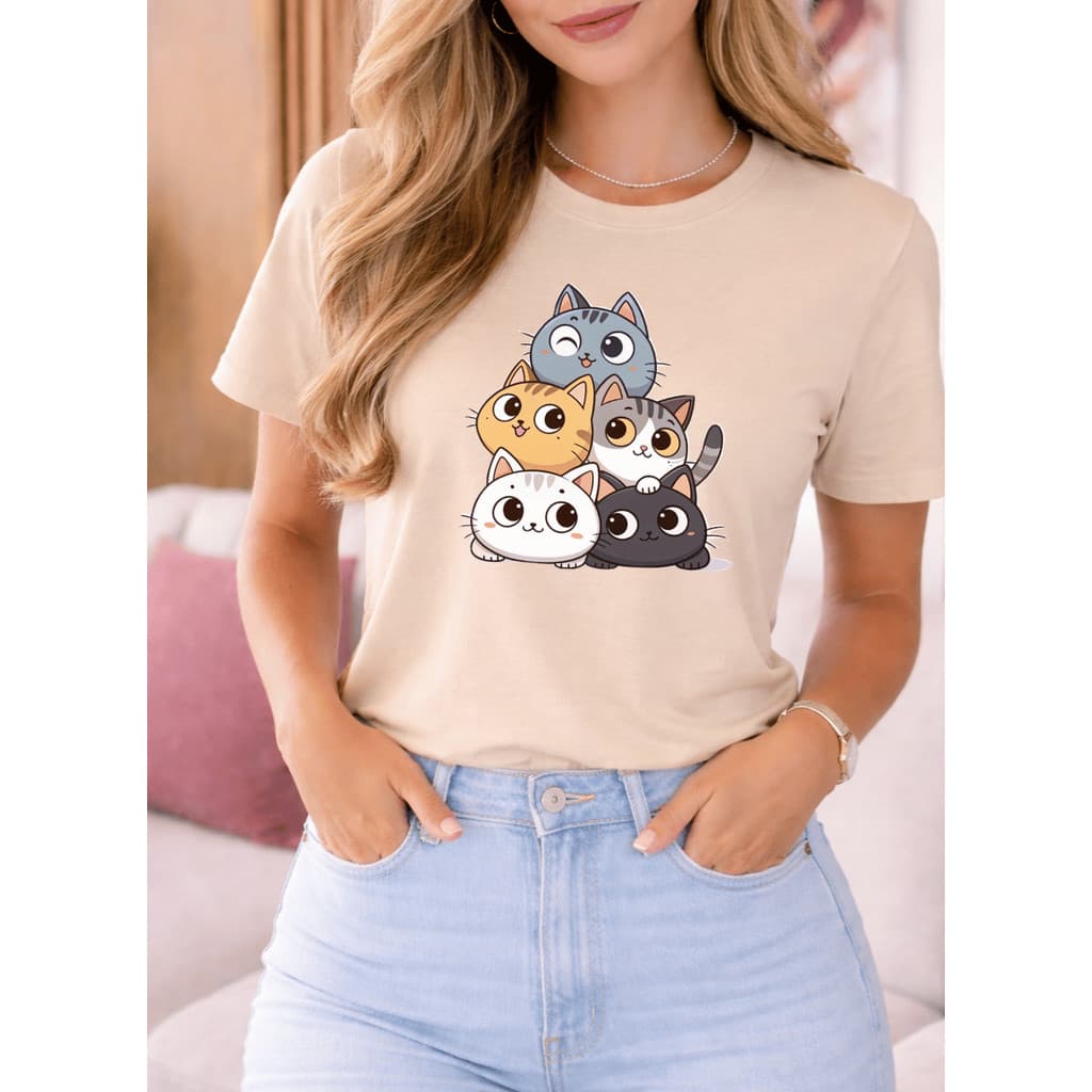 Camiseta Blusa Feminina Estilosa Casual Verão Manga Curta Social Leve Delicada Cats Fofinhos