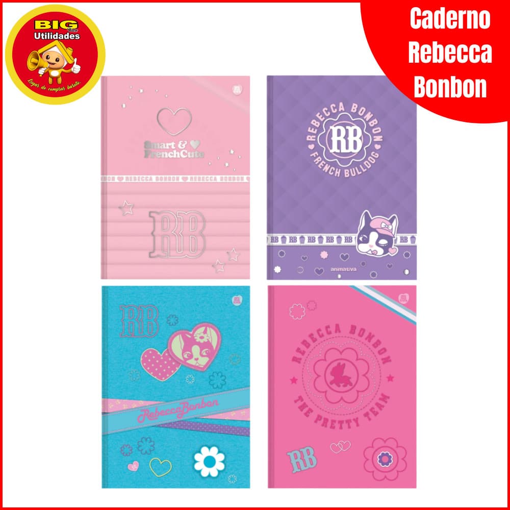 Caderno Brochura  80 Folhas Capa Dura Rebecca Bonbon Figurinhas decorativas Escolar Feminino