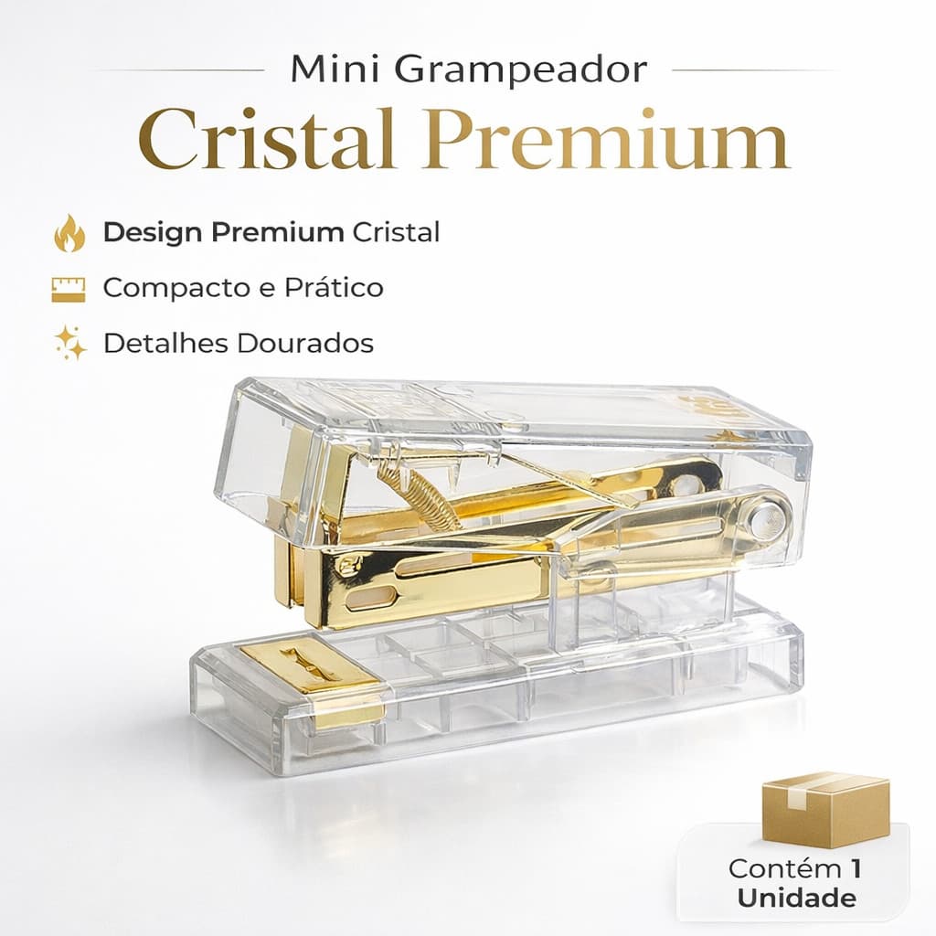 Mini Grampeador Cristal Premium Dourado  Escritório Escolar - Tris