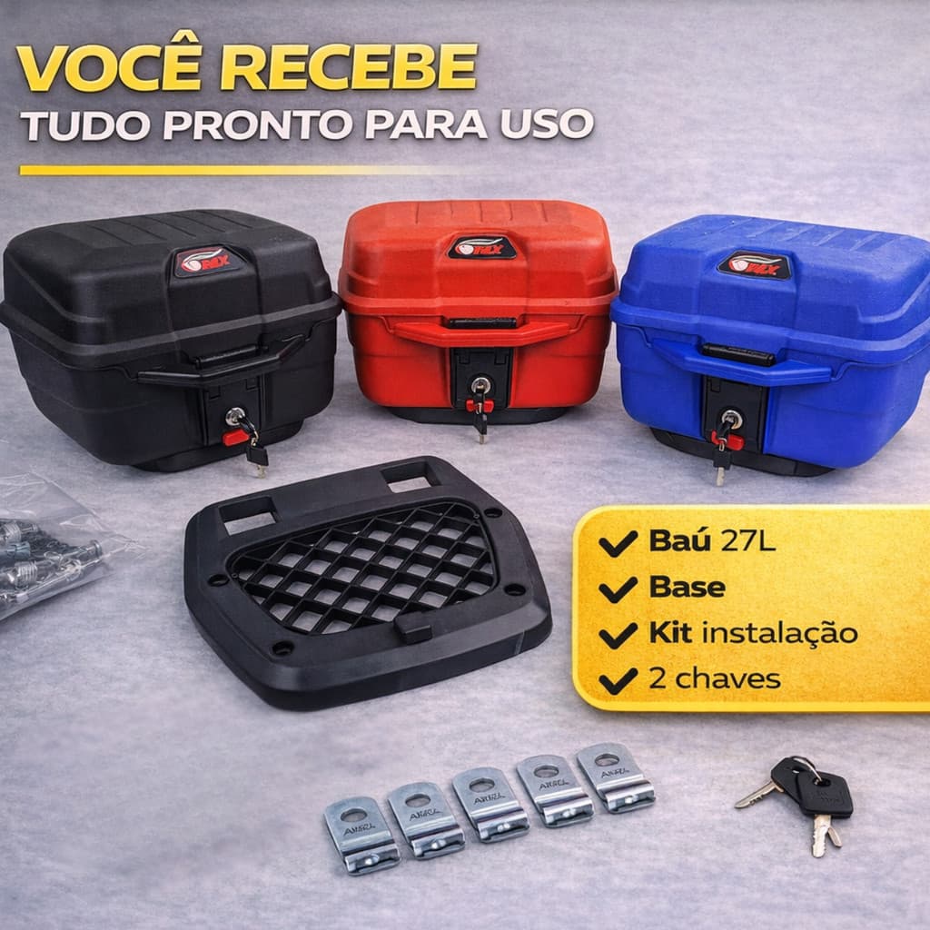 Baú Moto 27 Litros AMX Universal Bagageiro Com Base + Chaves 3 Cores