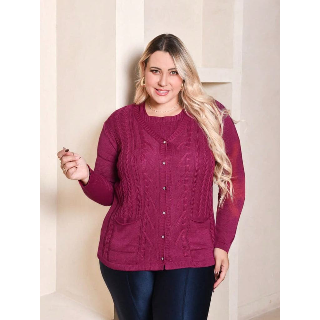 conjunto plus size casaco e blusa Tecido linho macia manga comprido