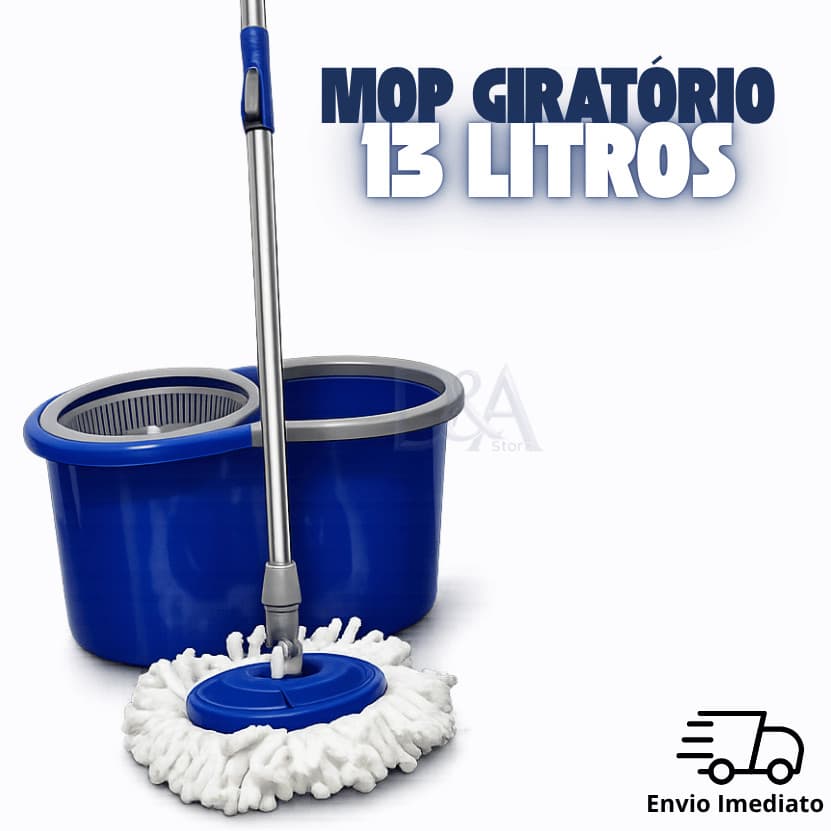 Mop Giratório Com Cabo Grande em Inox Balde 13 Litros Com Alça E Rodinhas