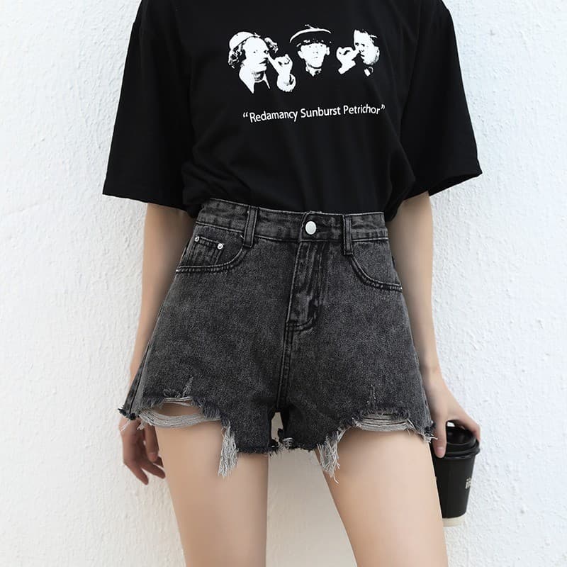 Cintura alta Denim Shorts feminino 2025 verão novo estilo versão coreana solto estudante mais magro olhar preto cinza pe