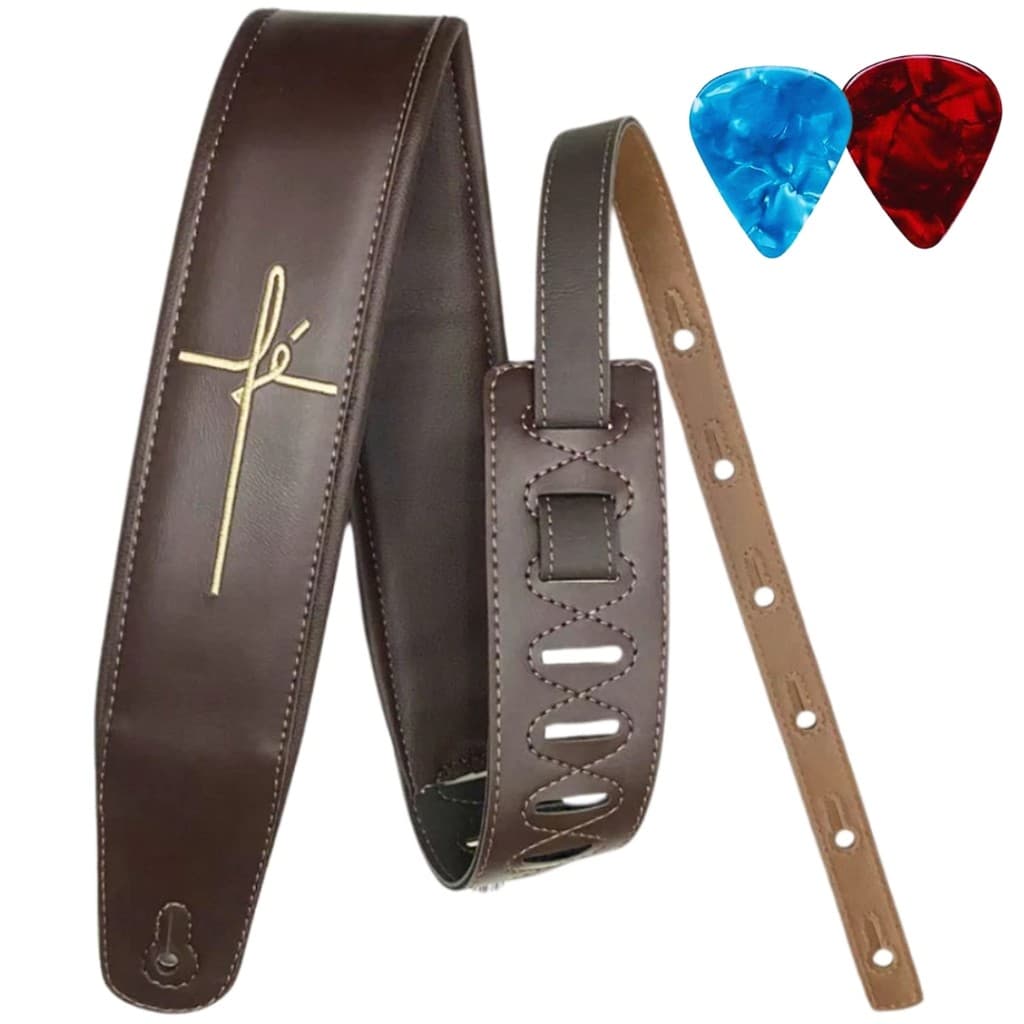Correia Alça Gospel Guitarra Violão Baixo Viola  Acolchoada Bordada - Basso CLA FÉ MARROM + 2 Palhetas
