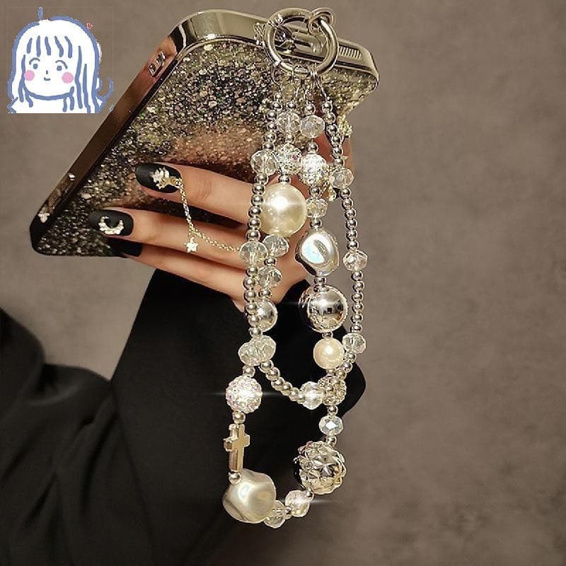 Alça De Telefone Com Corrente De Cristal Chique – Pulso Portátil Elegante Contas Duplas Para Capas , Pingente Curto De B