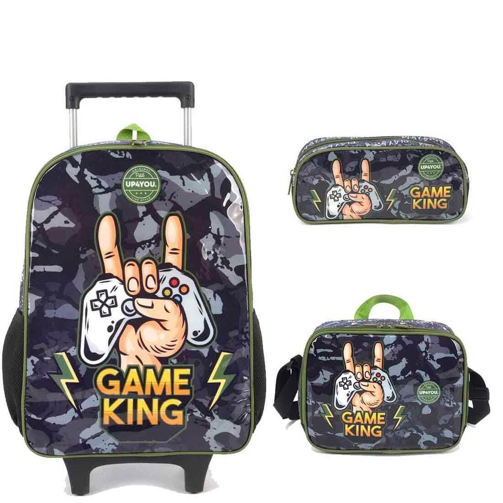 Mochila Infantil com Rodinhas Petit Game King com Lancheira e Estojo