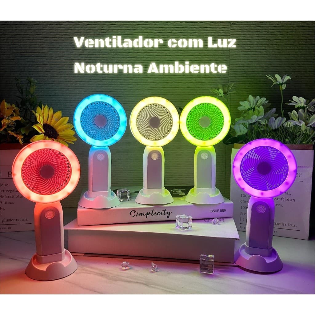 Ventilador portátil, luz ambiente noturna, usado como suporte para celular, quatro velocidades, bateria de longa duração
