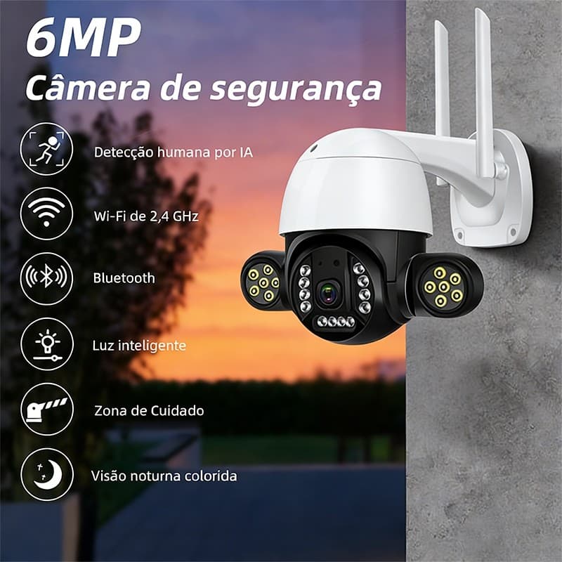 Câmera de vigilância com visão noturna a cores e luz dupla, WiFi duplo, à prova d'água e com rotação e inclinação de 360