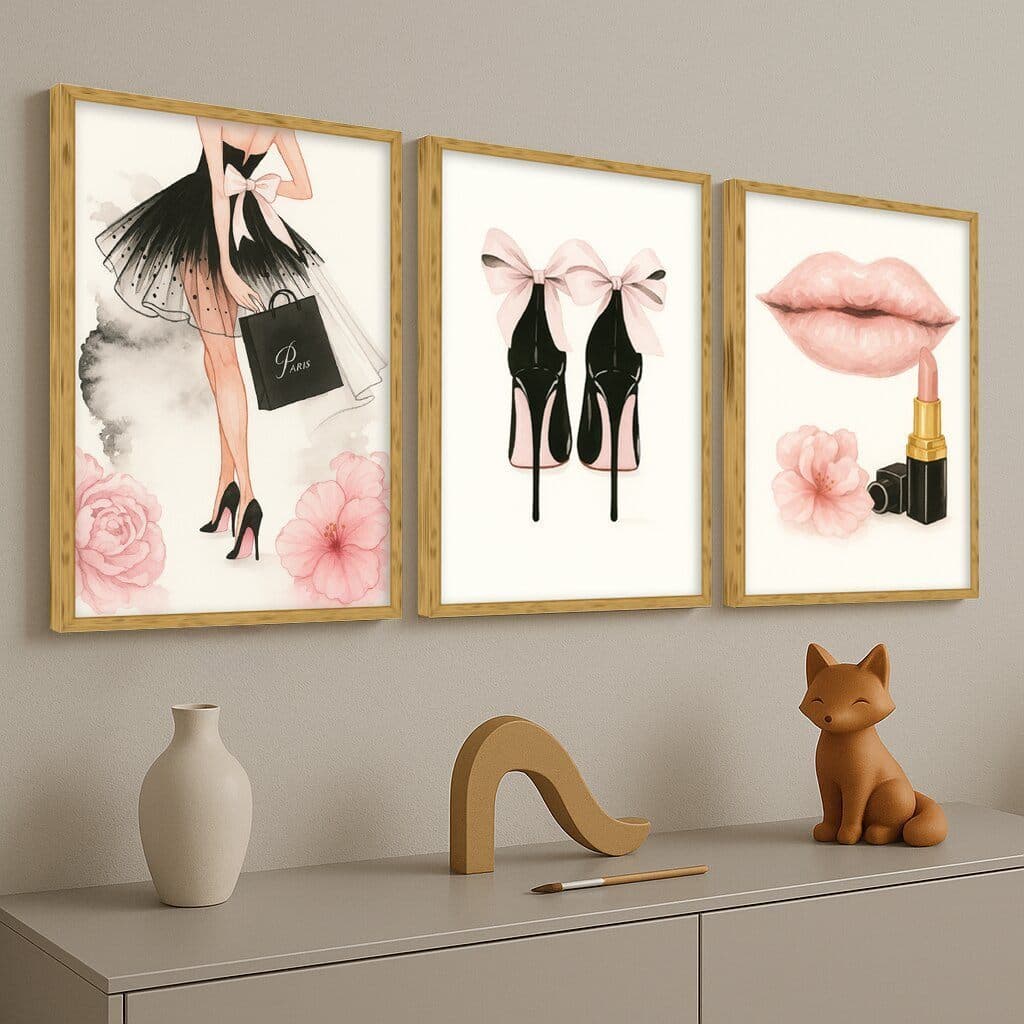 Kit 3 Quadros Decorativos Femininos Rosa Glamour Batom Óculos Buquê Laço Quarto Menina Beleza