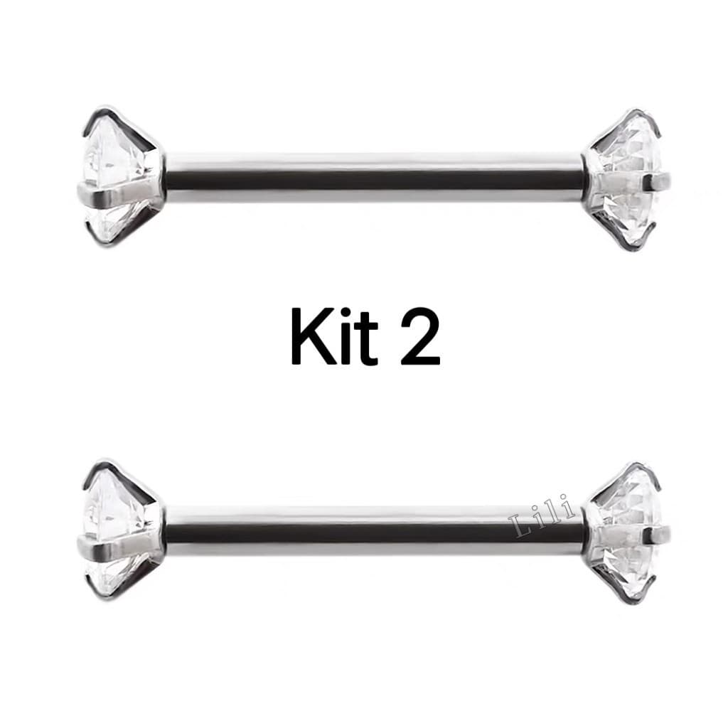 Kit 2 Piercing Barra Aço Para Mamilo Formato Redonto Cristal (Rosca interna)