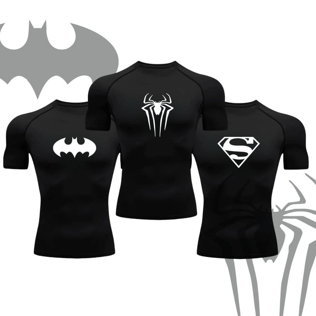 Kit 3 Camisetas Compressão Proteção Uv Estampada Tecido Gelado Segunda Pele Manga Curta Homem Aranha Batman Super Homem