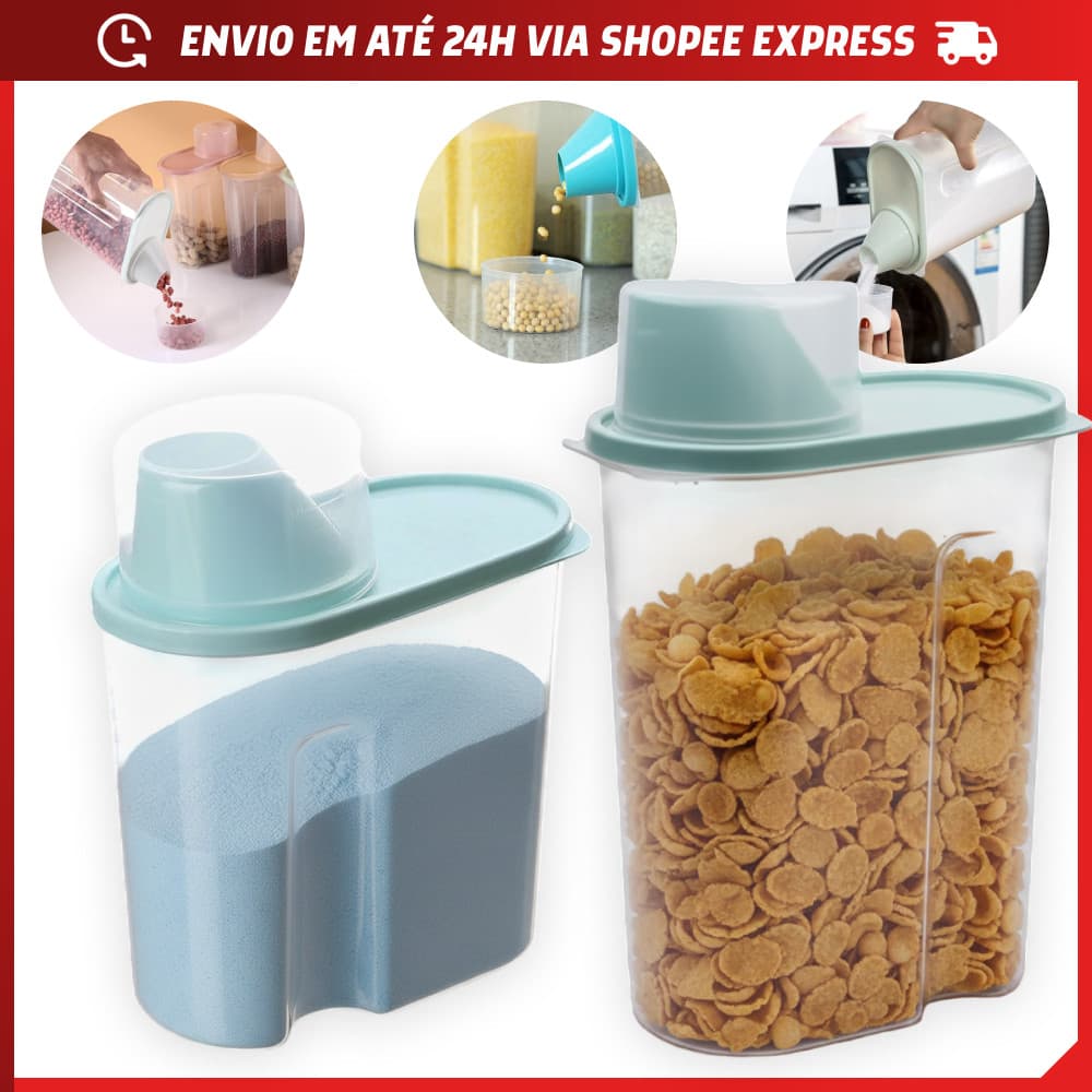 KIT Pote Hermético 2500ml para Armazenamento com Bico e Copo Medidor 2,5L 1,9L Grãos Cereais