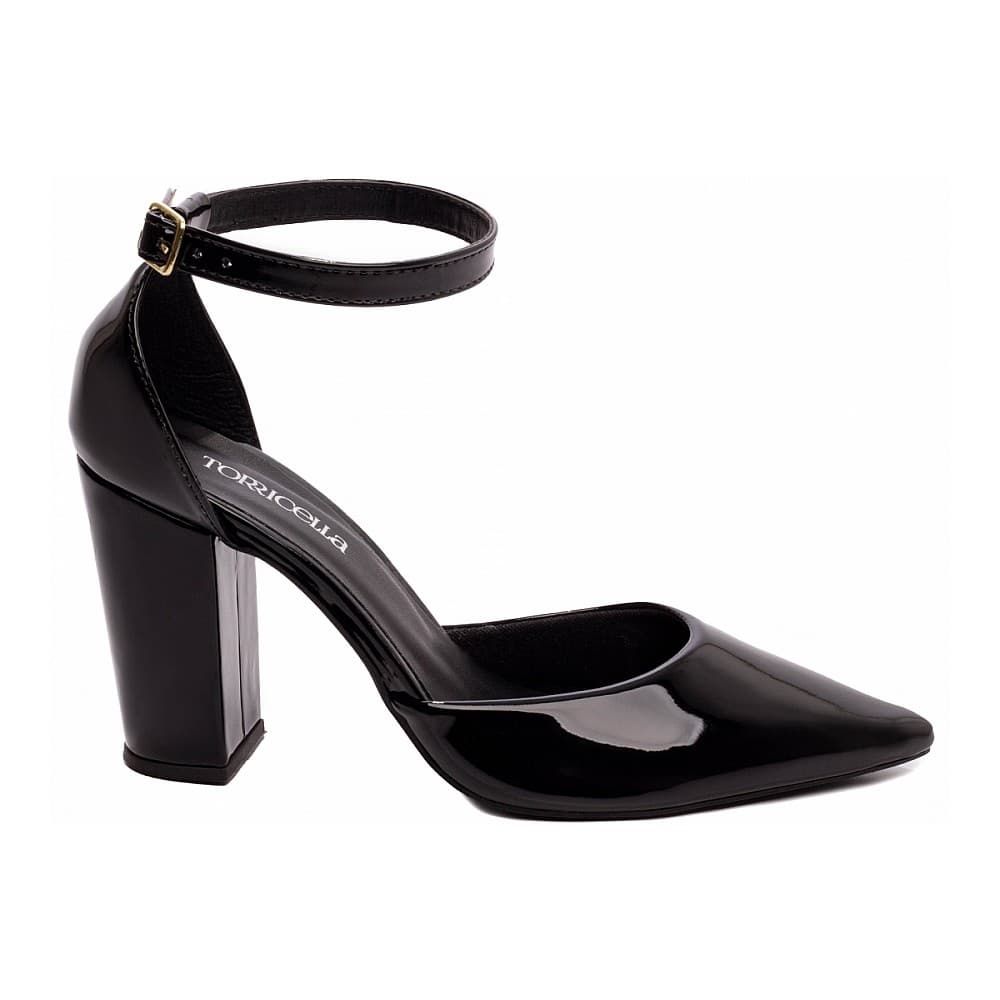 Sapato Scarpin Salto Alto Grosso Bico Alongado Verniz Preto