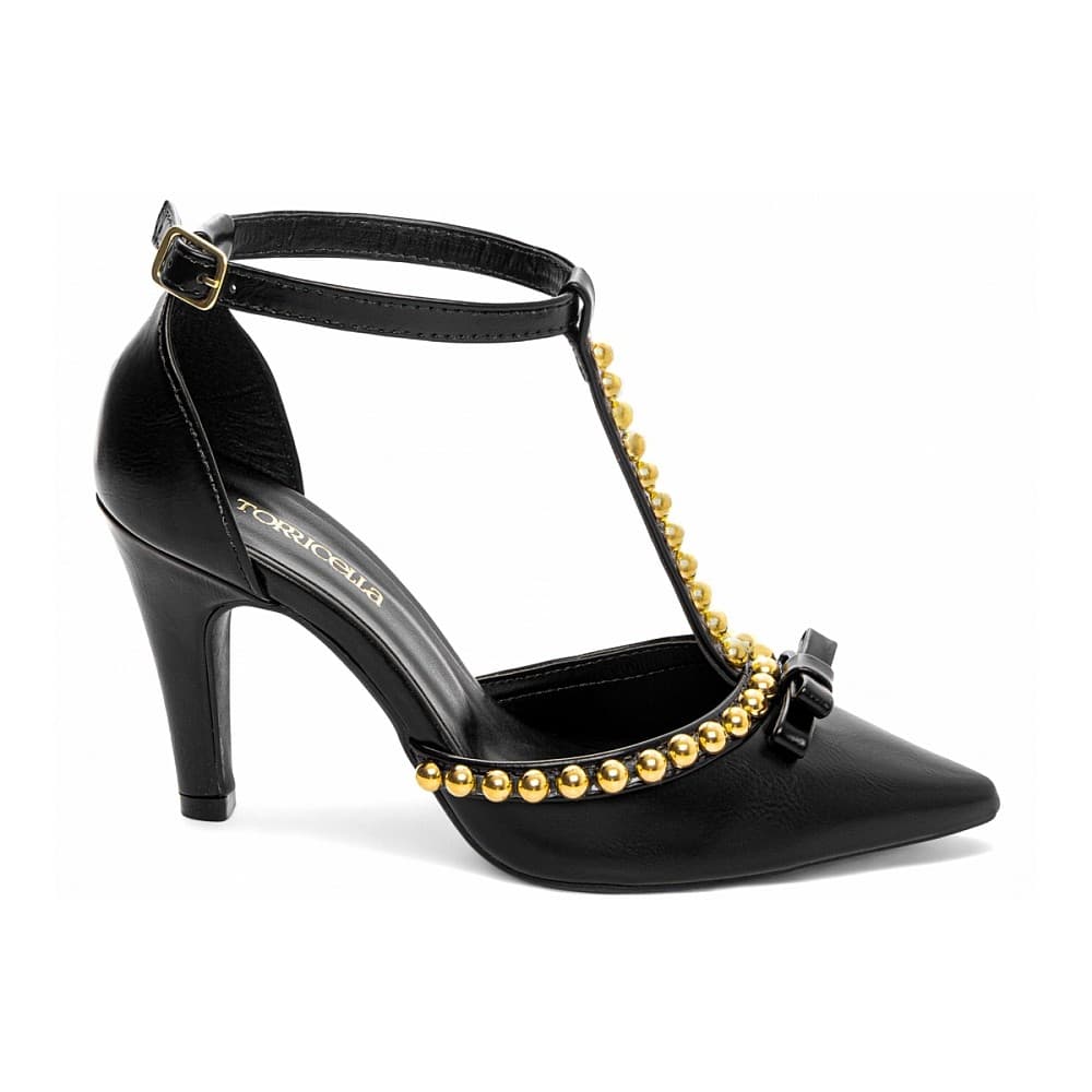 Sapato Scarpin Salto Alto Fino Ajuste Fivela Apliques Dourado Bico Fino Preto