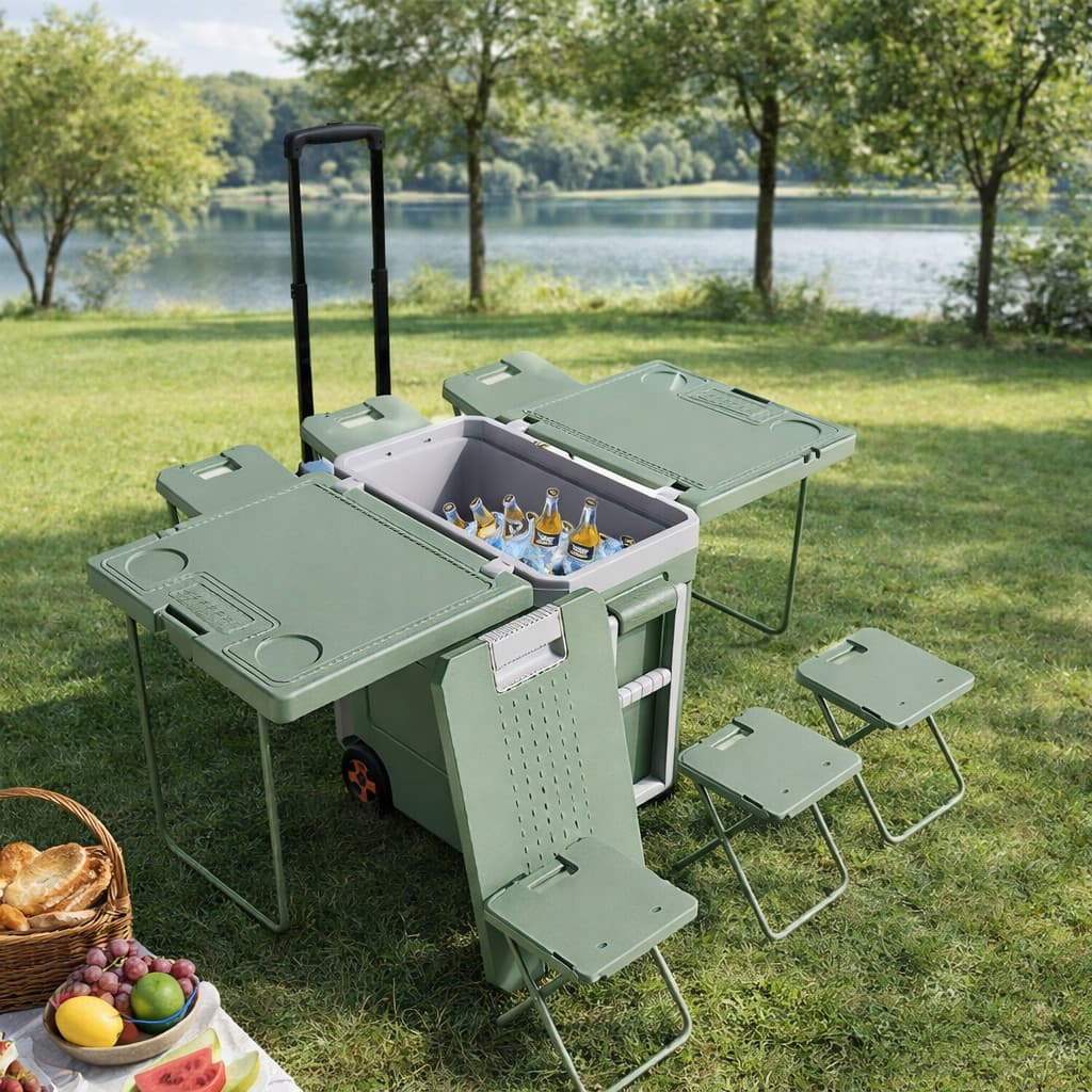 Caixa Térmica Cooler 32L Dobrável com 6 Banquetas Mesa Porta Copos e Rodas Portátil OIF-7643
