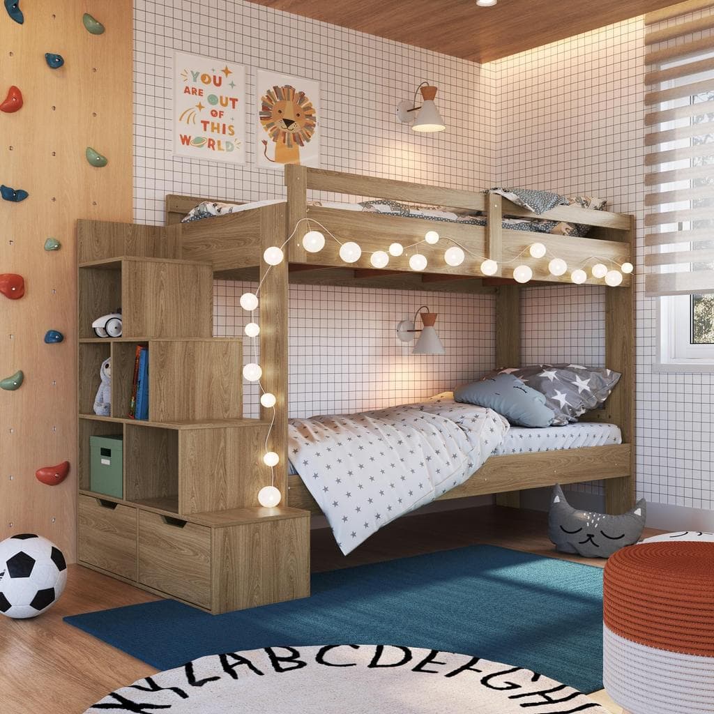 Cama Infantil Beliche Bicama 188x78cm com Escada com Nichos Grade de Proteção e Gavetas