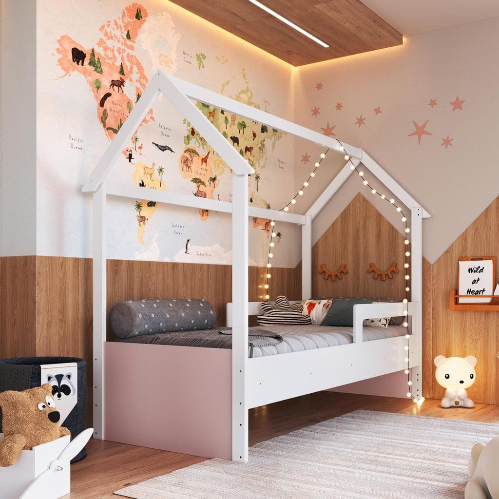 Cama Infantil Casinha Montessoriana Solteiro 188x78 com 2 Regulagens e Proteção Lateral Branco/Rosa