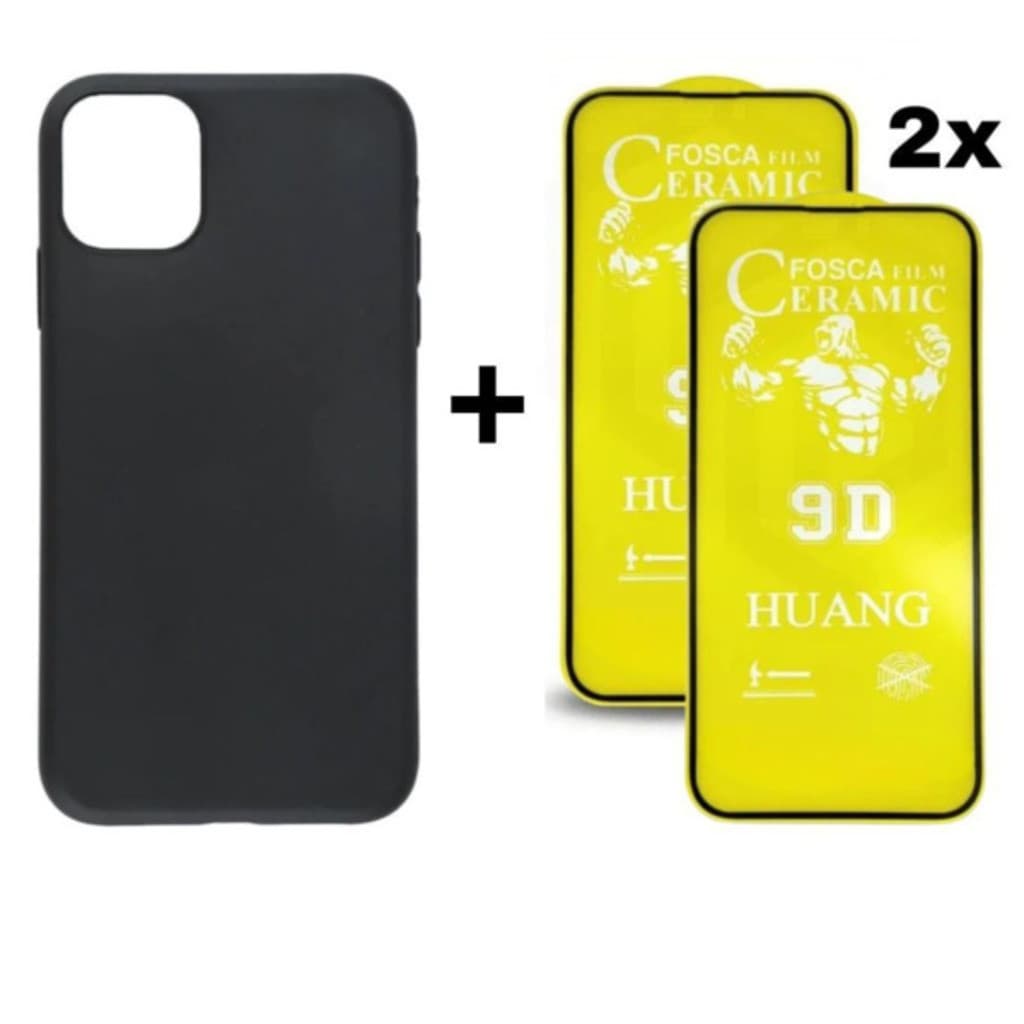 Kit Case Preto + 2 Películas Cerâmica Fosca Tela Para iPhone 11 12 13 14 15 16 Pro Max