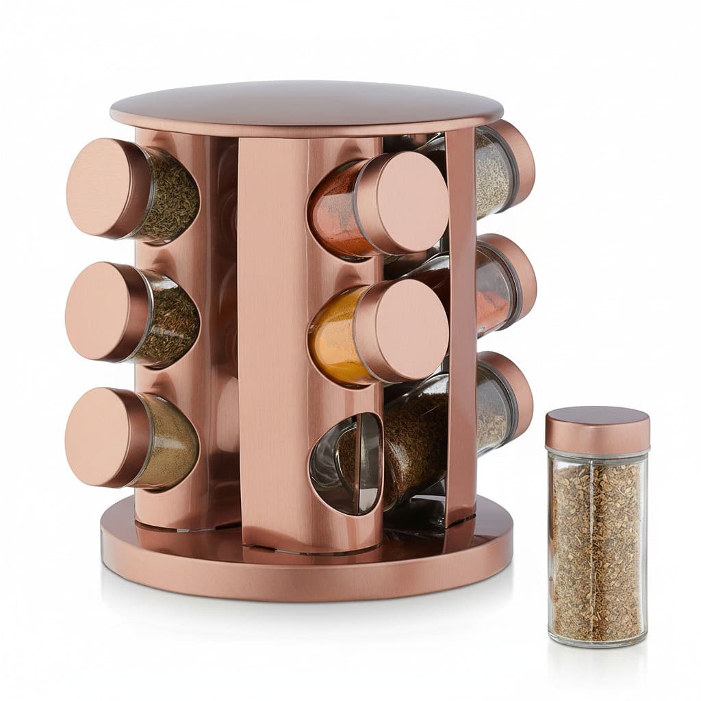 Porta Temperos Giratório Rose Gold com 12 Potes de Vidro 80g Base Redonda em Inox