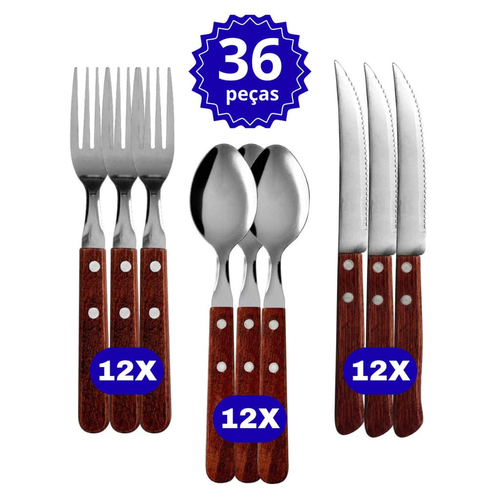 Jogo Talheres com Cabo de Madeira Faca de Serra Colher e Garfo Aço Inox Utensílios Cozinha Rustico