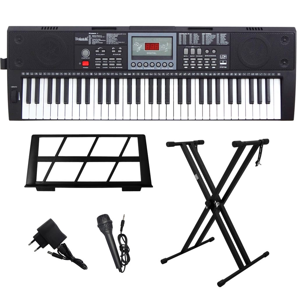 Kit Teclado Musical Estudante Iniciante 61 Teclas Rhythmic 80 Bluetooth com Suporte em X