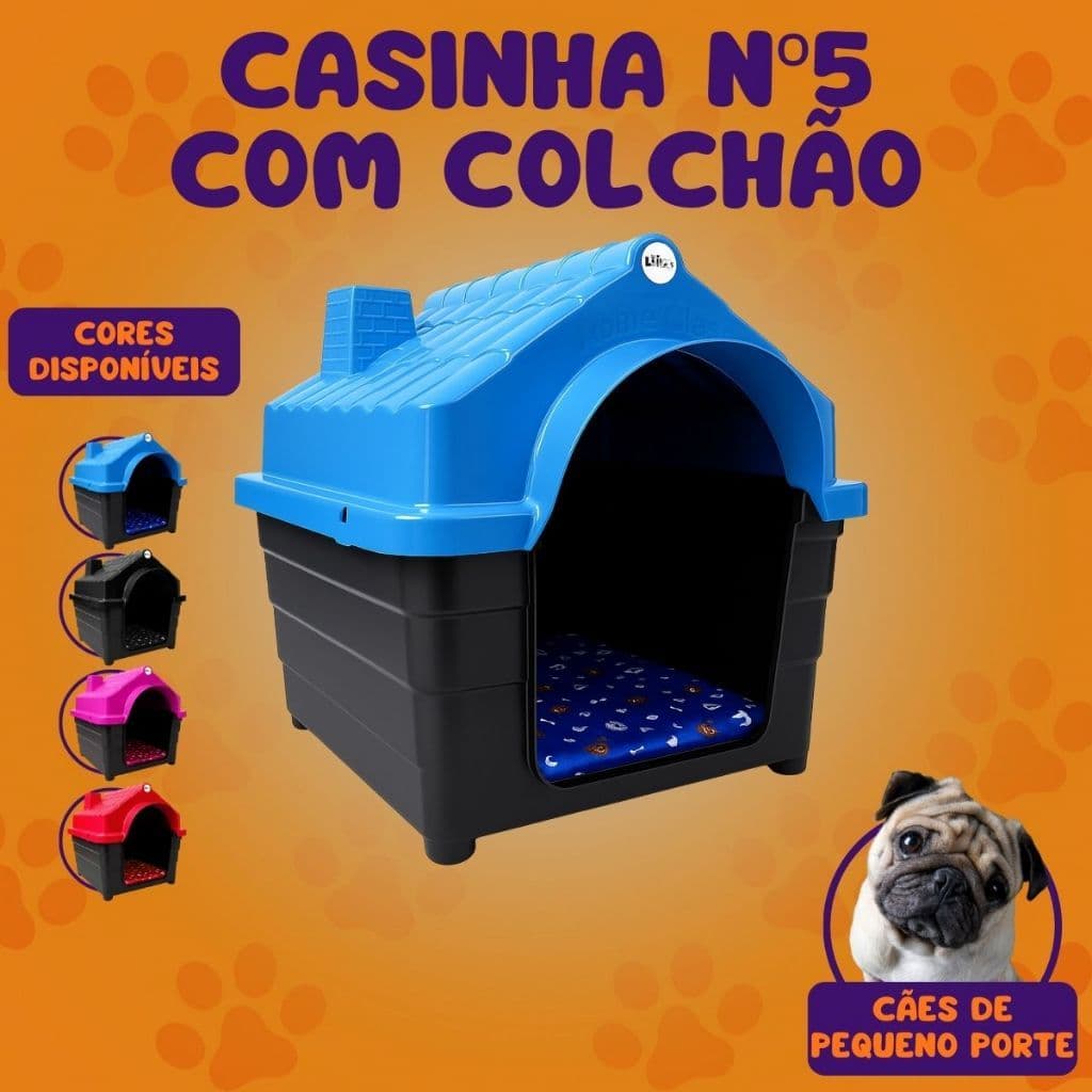 Casinha Casa Cachorro N5 + Colchão Cães Porte Casa Plástica Desmontável