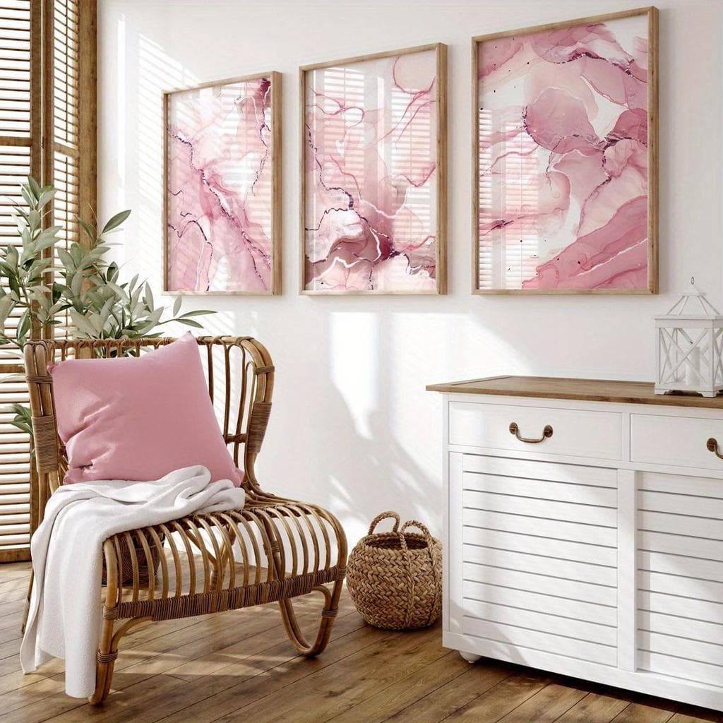 Quadro decorativo 3 peças rosa Mármore Luxu Menina