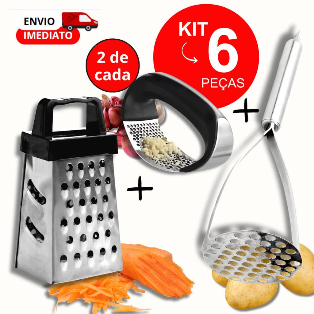 Kit 6 Peças Aço Inox - 2 Espremedor Triturador de Alho Cabo Preto + 2 Ralador 4 Faces + 2 Amassador de Batatas