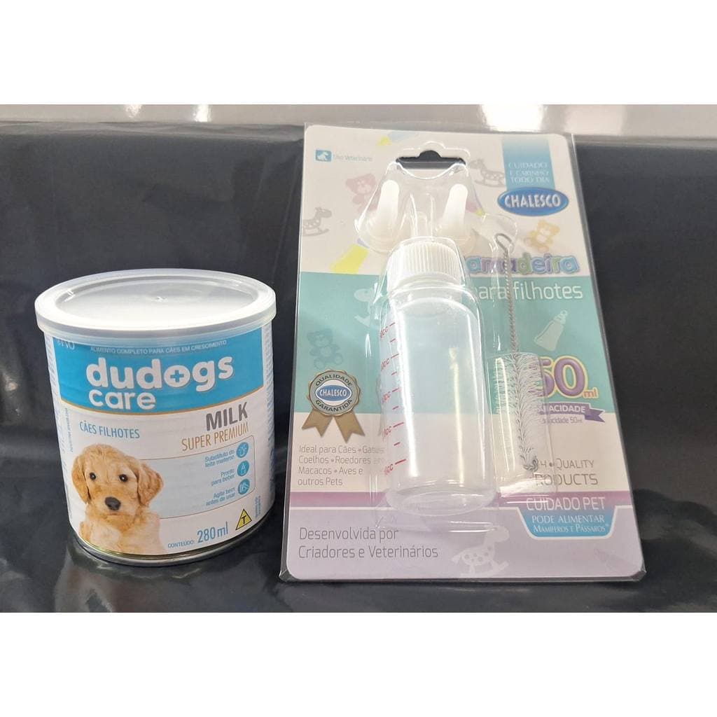 Kit Leite + Mamadeira DuDog Care Milk pronto para Cães Filhotes 280ml