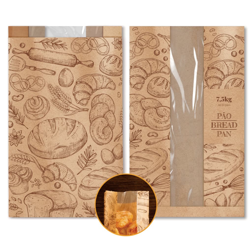 Embalagem Kraft Com Visor 15 Paes 500 Unidades 22x49cm - Marrom-claro