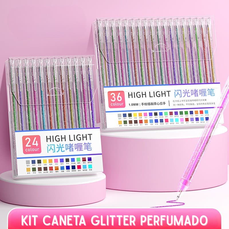Kit 12/24/36/48 Canetas Gel Coloridas com Glitter Perfumado Tinta Glitter Metal Papelaria