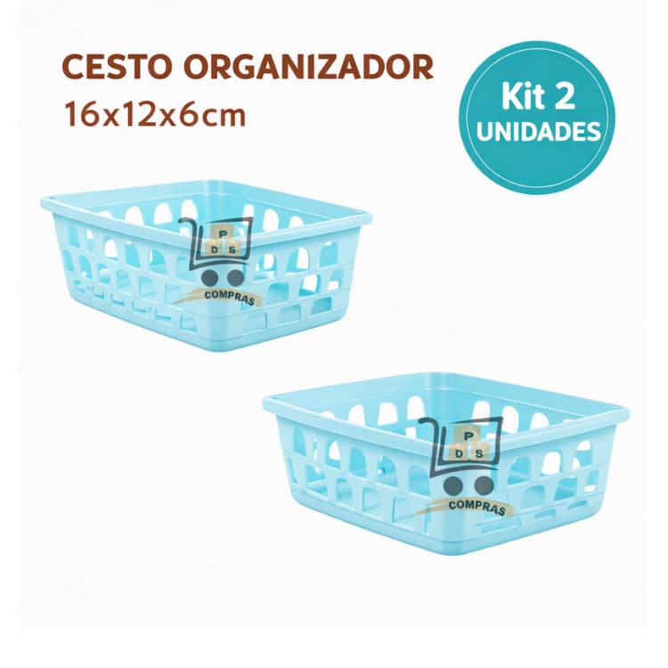 Kit 2 Cesto Organizador Multiuso Pequeno Azul 16x12x6cm Armario Gaveta Geladeira Banheiro Cozinha Lavandeira