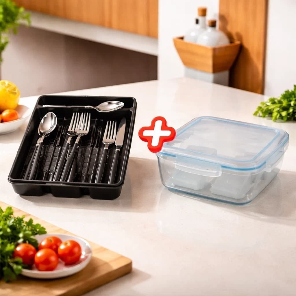 Kit Faqueiro 17 Peças com Porta Talher Preto Pote + Vidro Hermético 1520ml Marmita Divisória