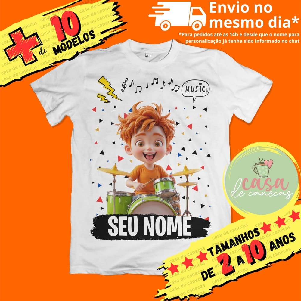 Camiseta Infantil Unissex Baterista com nome (opcional)