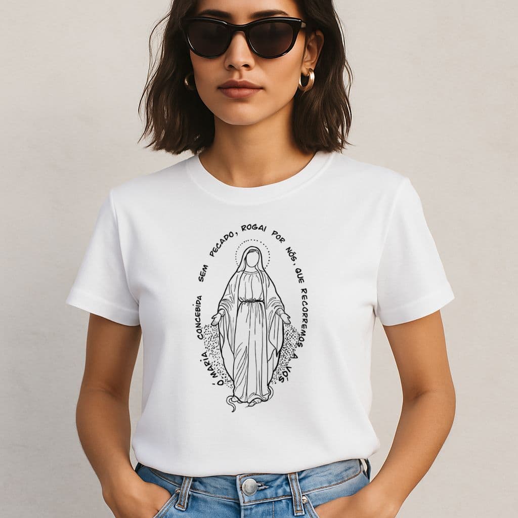 Camiseta Feminina Católica Imaculada Conceição Desenho Sagrado Look Devocional Elegante