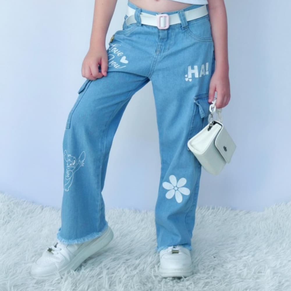 Calça Jeans Cargo Menina Wide Leg 4 ao 8 anos com bolsos laterais Premium