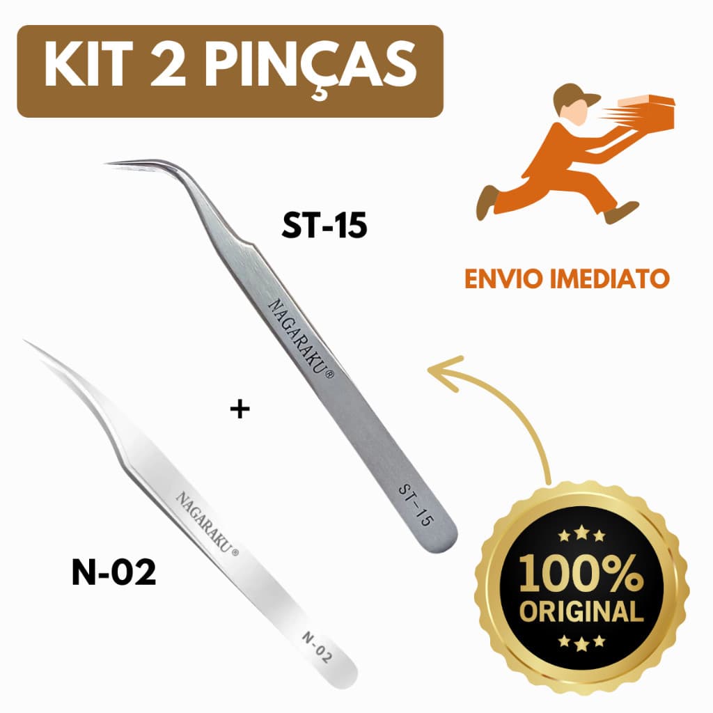 Kit 2 Pinças Nagaraku n-02 e ST-15 Extensão Alongamento Cílios Original Profissional Envio Imediato no Brasil