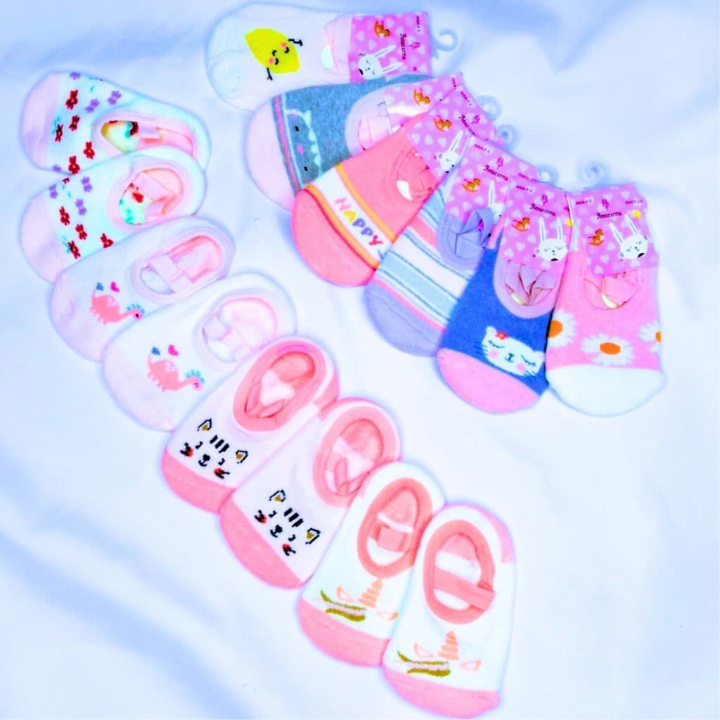 kit 3 Pares Meia Sapatilha Antiderrapante Infantil e Bebê em Algodão Menina Estampas Varidas
