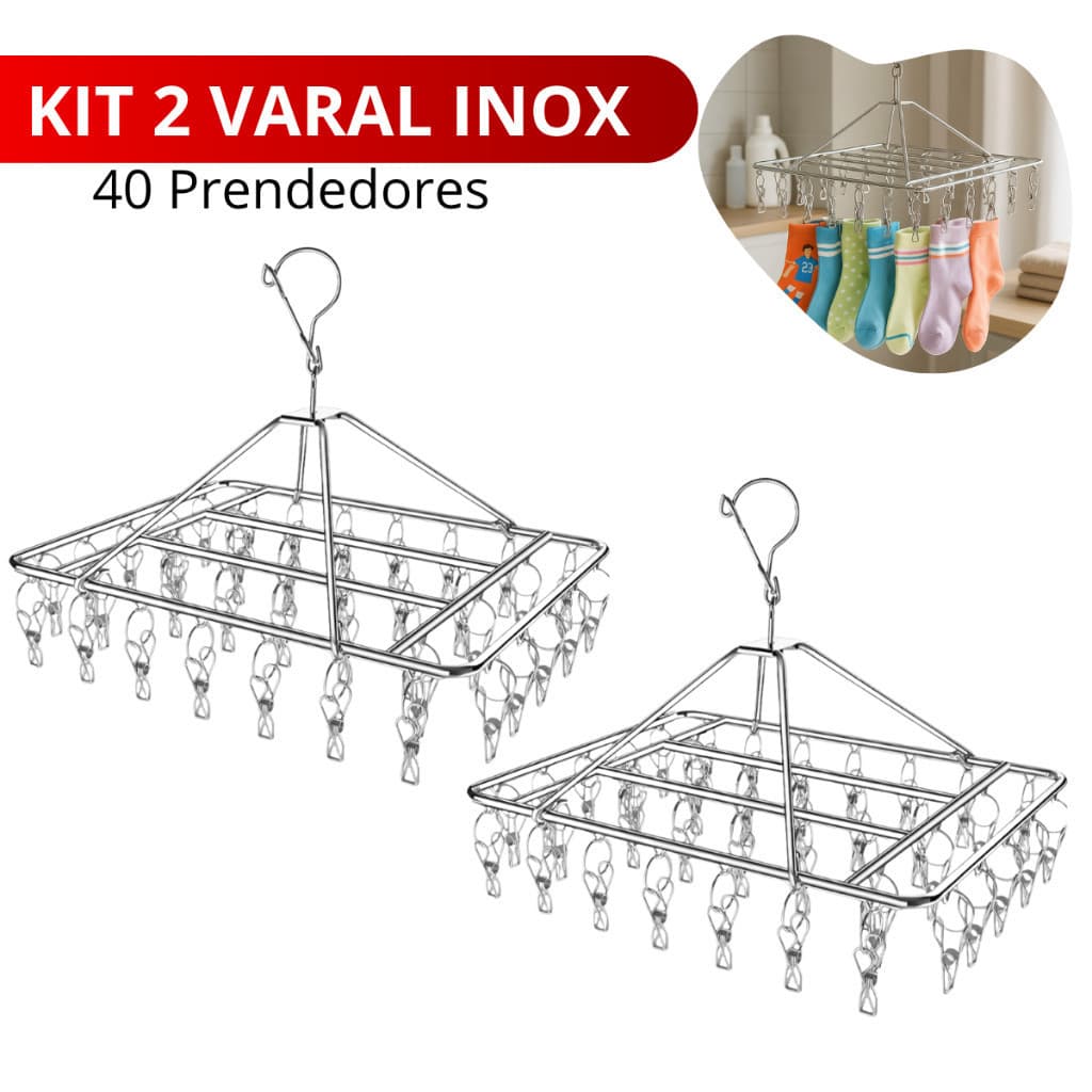 Kit 2 Varal Multiuso Inox 40 Prendedores Roupa Íntima Meias Calcinha Lavanderia Compacto