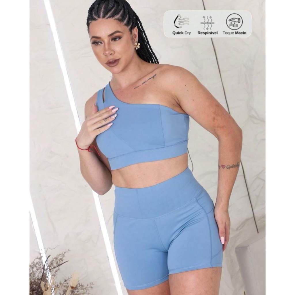 MT-127Conjunto Fitness em Poliamida – Shorts + Top de Ombro Único com Bolso para Celular | Praticidade e Estilo nos Trei