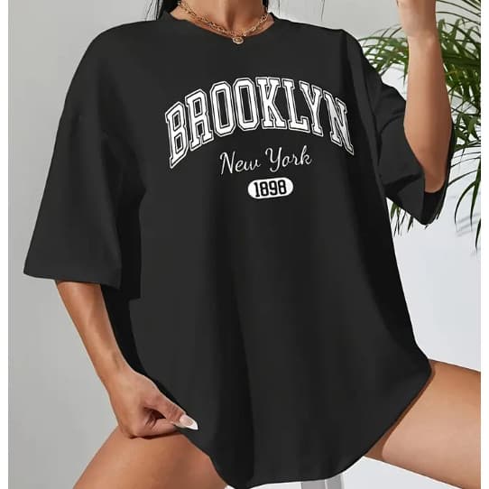 Camiseta Oversized Streetwear 100% Algodão Brooklyn New York Estampa Gráfica Fio 30.1 camiseta