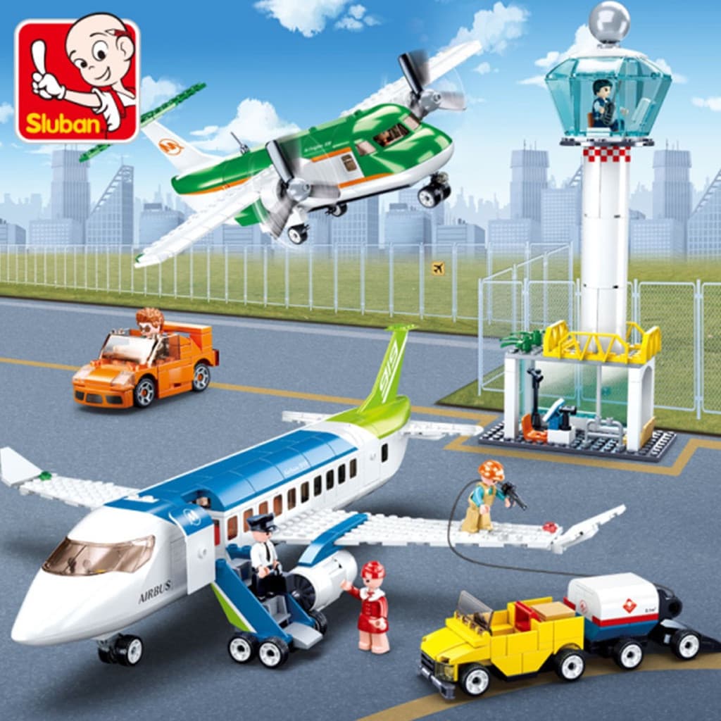 Conjunto de 731 peças Sluban 0930, Modelo de Montagem de Aeronaves Civis do Mundo da Aviação, Carrinho de Bagagem com Me
