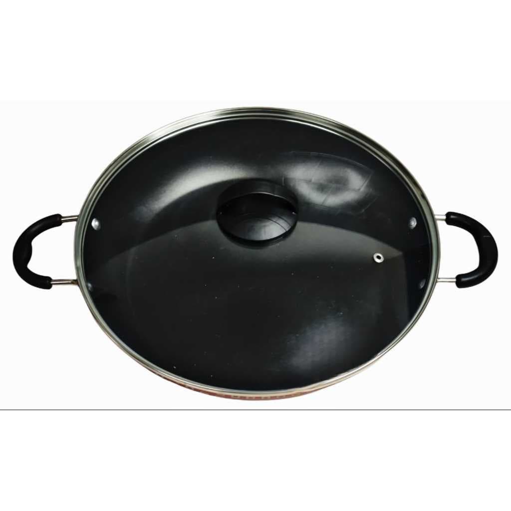 Frigideira  Grande Wok Paella  5 Camadas Antiaderente n 34 Cm Com Tampa De Vidro