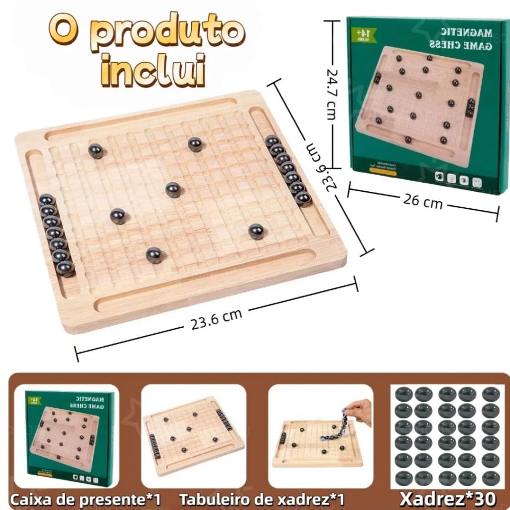 Xadrez Magnético de Madeira Portátil -Jogo de Tabuleiro Infantil com Peças Brinquedo Educativo para Interação