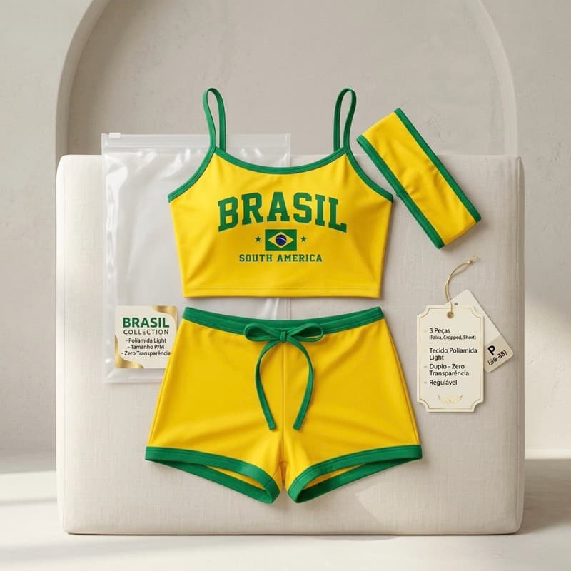 Conjunto Feminino Brasil 3 Peças: Cropped + Shorts com Amarração + Faixa de Cabelo (Poliamida Light - Tamanhos P/M)