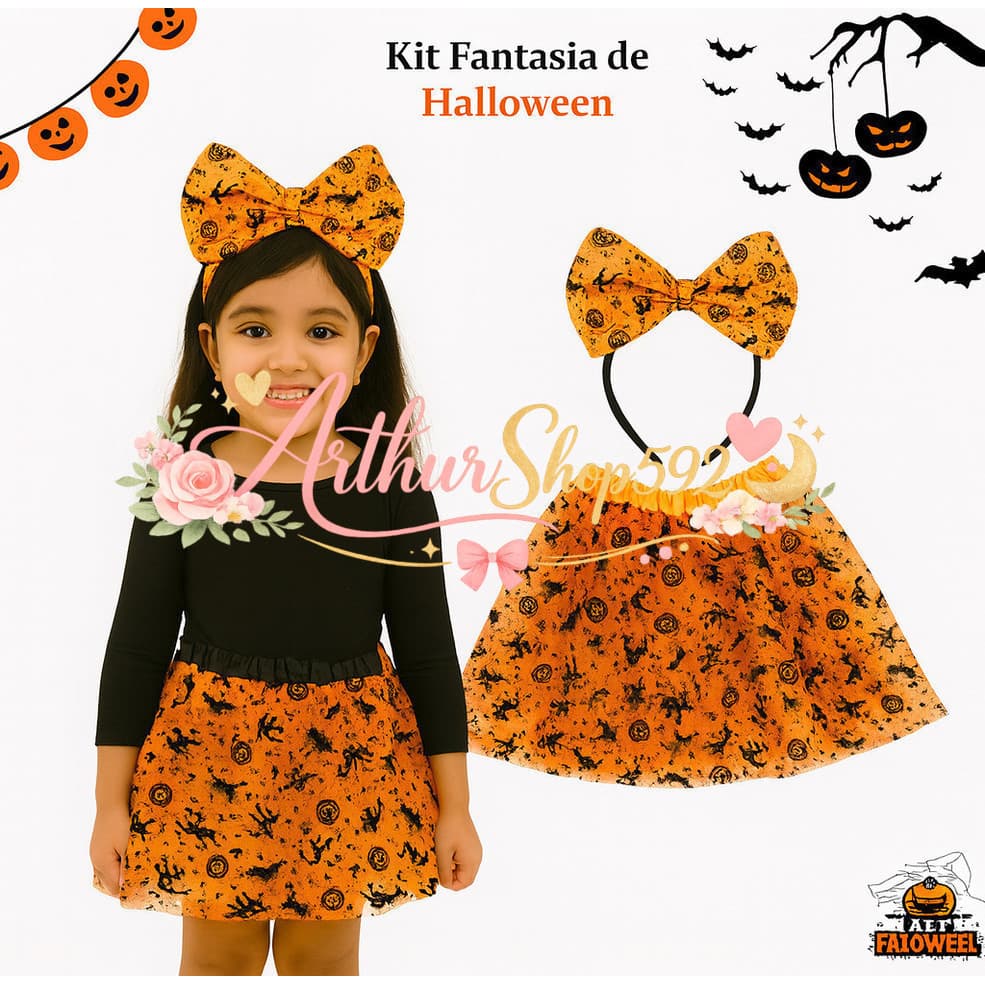 (V)Fantasia Infantil Halloween Laranja com Tiara e Saia 30cm – Bruxinhas e AbóborasM6EB