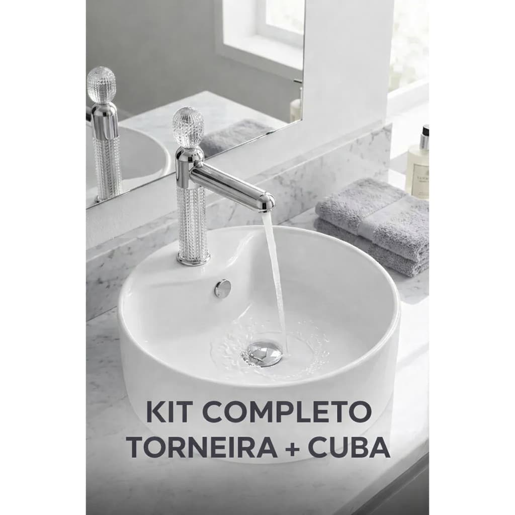 Kit Cuba De Apoio  Banheiro Lavabo Redonda Rose Gold  Cerâmica +  Torneira Cromada Monocomando